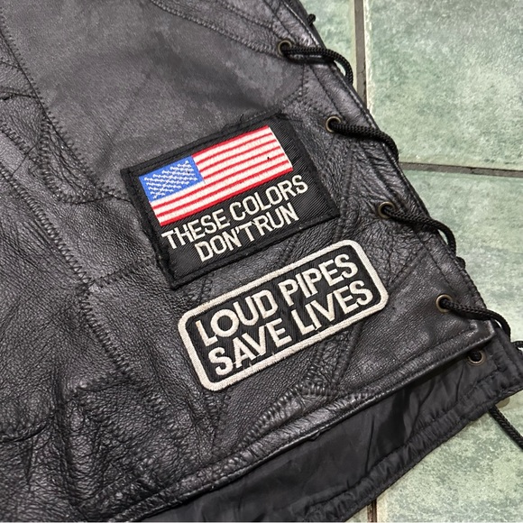 VTG 90s Leather Patchwork Lace Up Sides Motorcycle Biker Vest - Picture 10 of 13